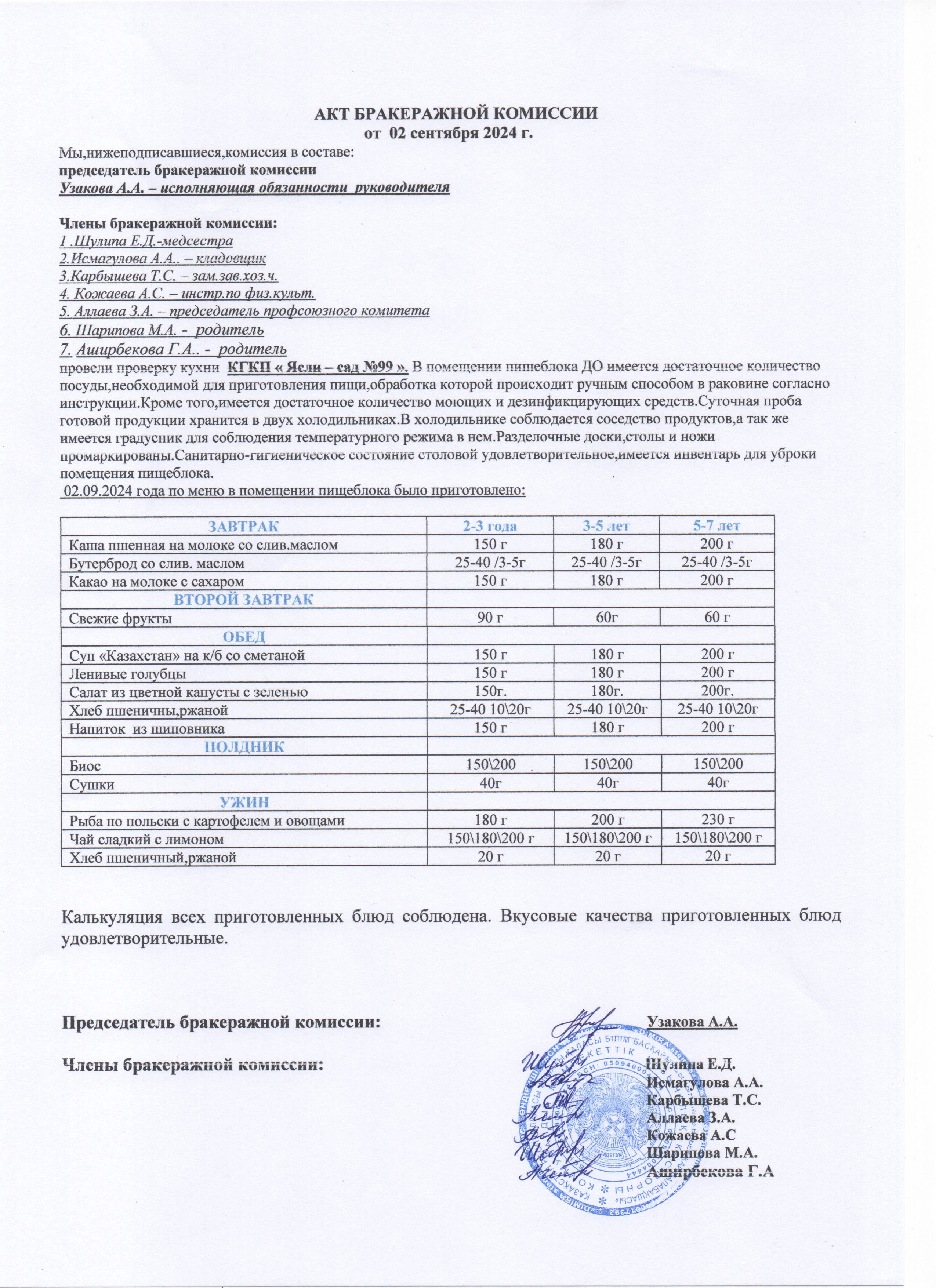 АКТ ЗАСЕДАНИЯ БРАКЕРАЖНОЙ КОМИССИИ СЕНТЯБРЬ