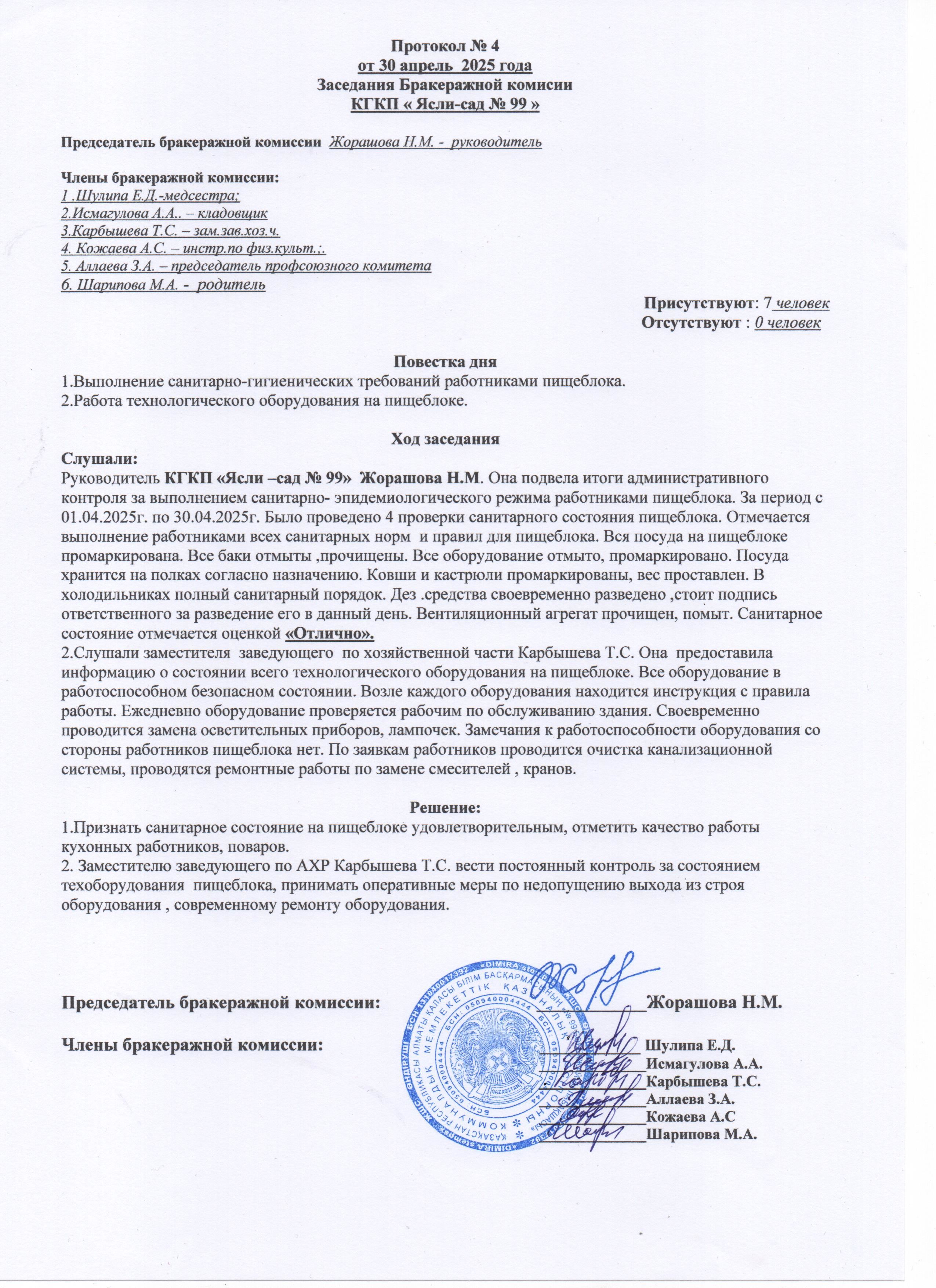 Протокол заседания бракеражной комиссии Апрель