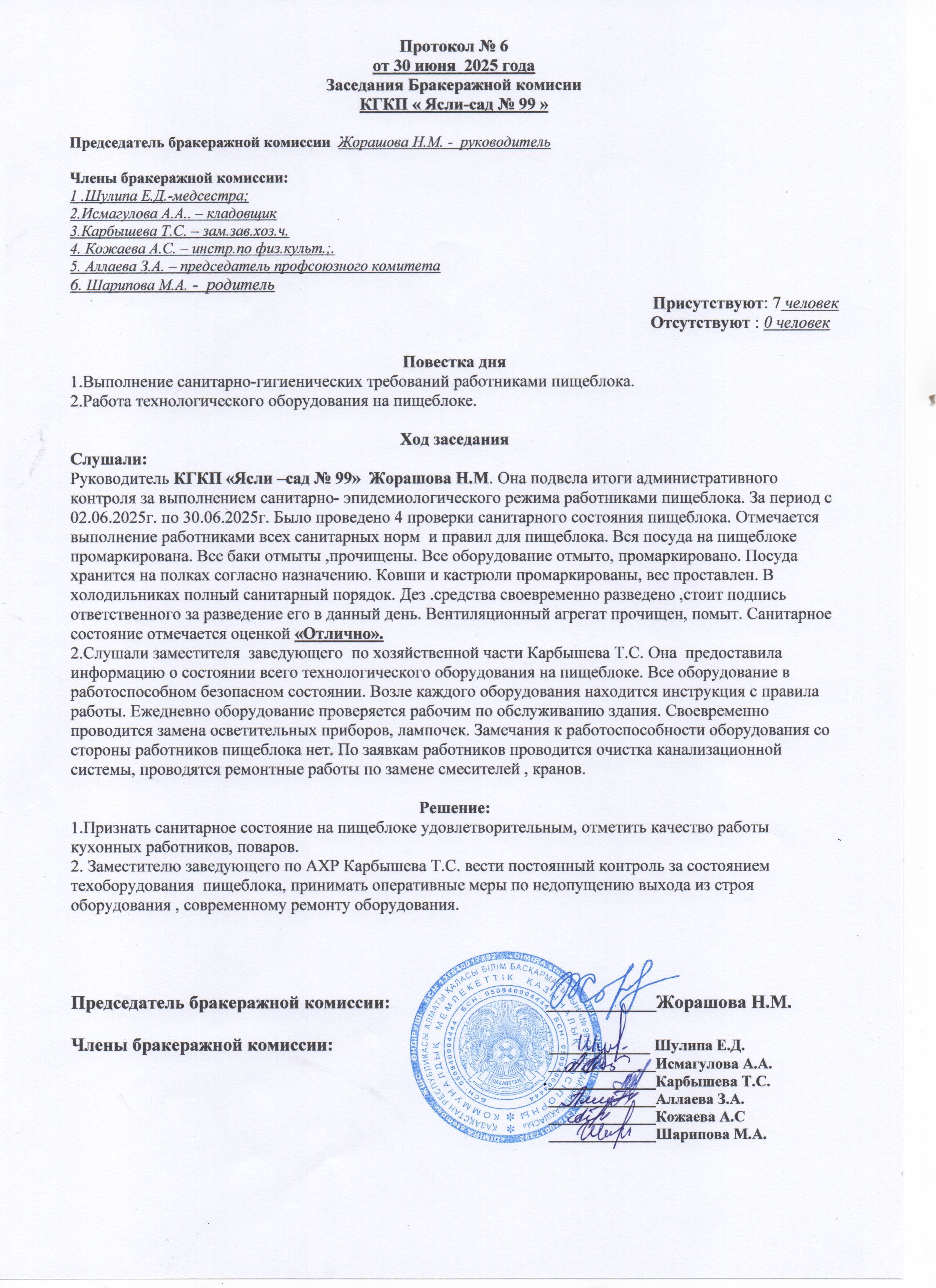 Протокол заседания бракеражной комиссии июнь
